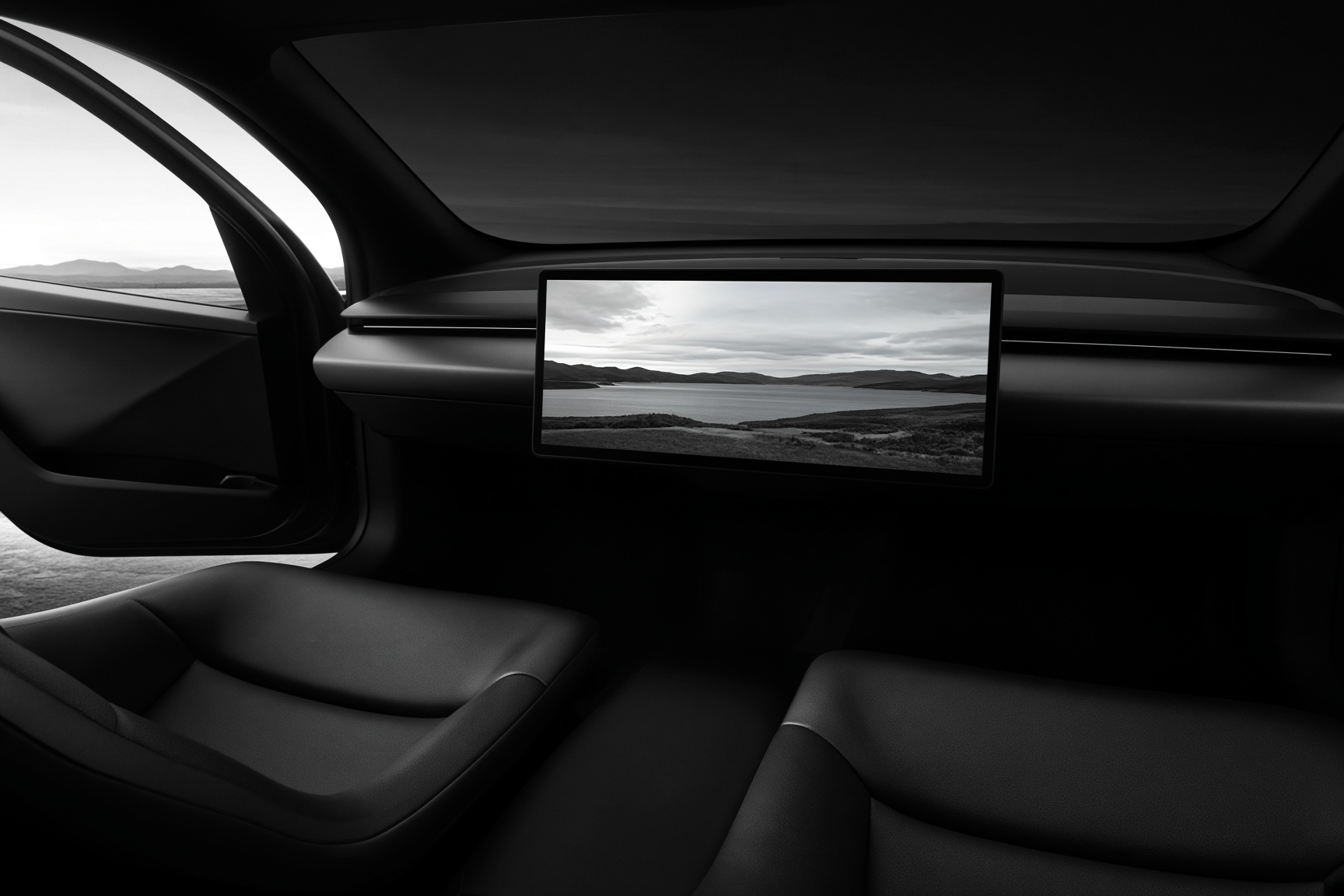 Cybercab cabin looking toward a wide screen, doors open to daylight.