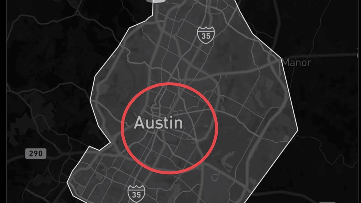 A dark map of Tesla's Austin Robotaxi service area with downtown Austin circled in red
