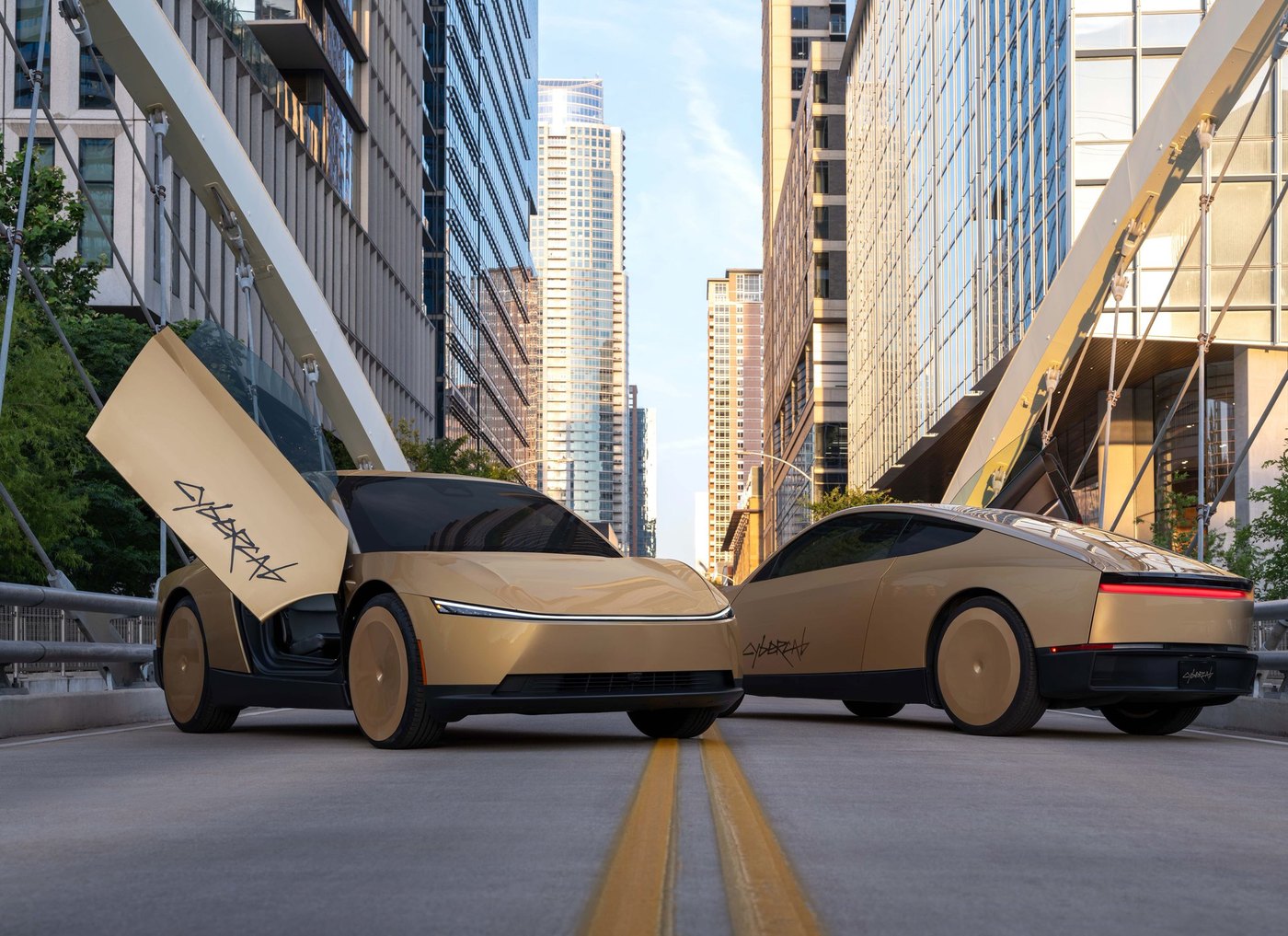 Two gold Tesla Cybercabs on a city bridge, one with its butterfly door raised