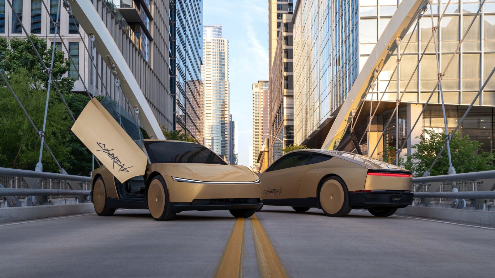 Two gold Tesla Cybercabs on a downtown bridge, one with a butterfly door open.