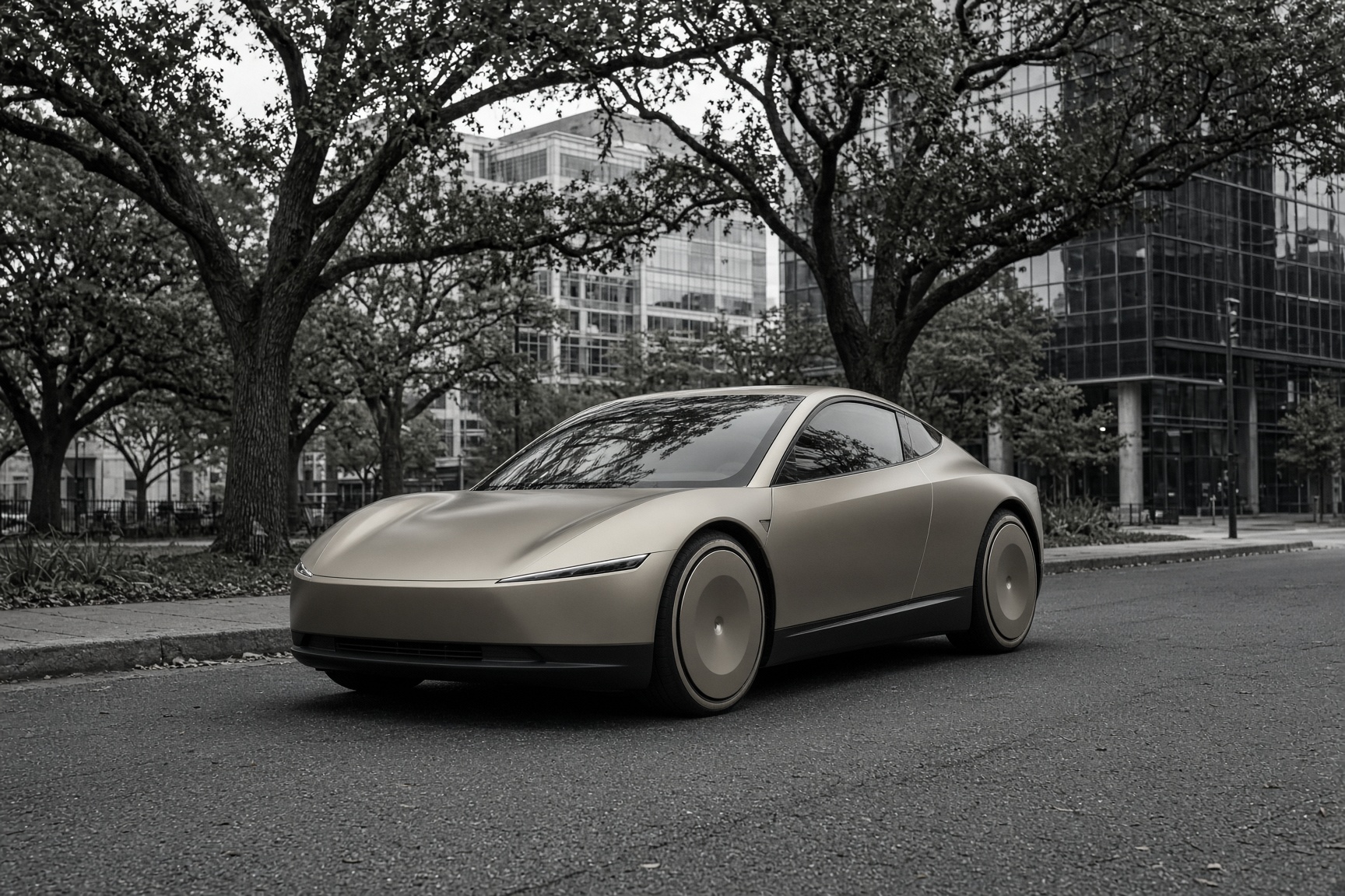 A Cybercab on a tree-lined urban street.