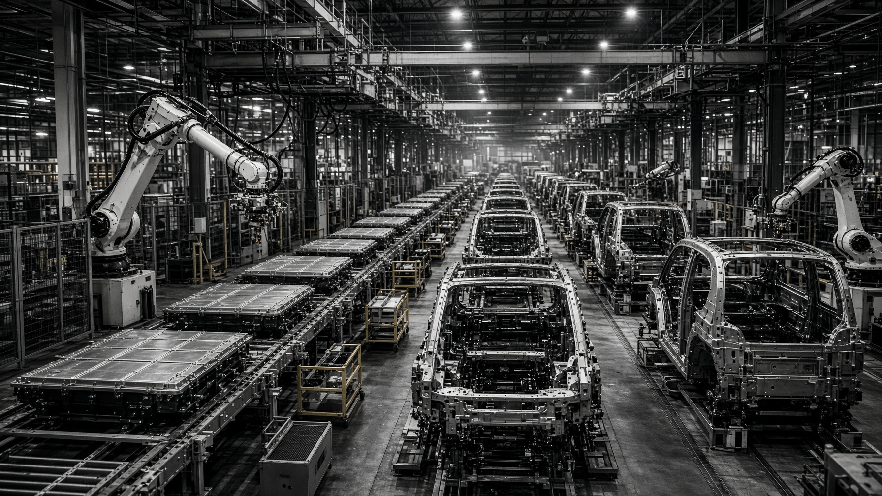 Parallel assembly of vehicle modules inside a factory.